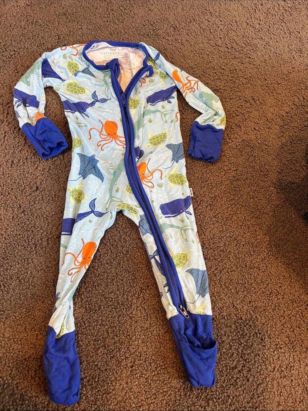 LITTLE SLEEPIES Kids' Ocean Animals Footed One-Piece Pajama - Blue & Orange
